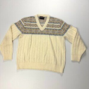 Vintage Jantzen Mens V Neck Cable Knit Sweater Ivory Sz M (Tag L) Nordic Grandpa